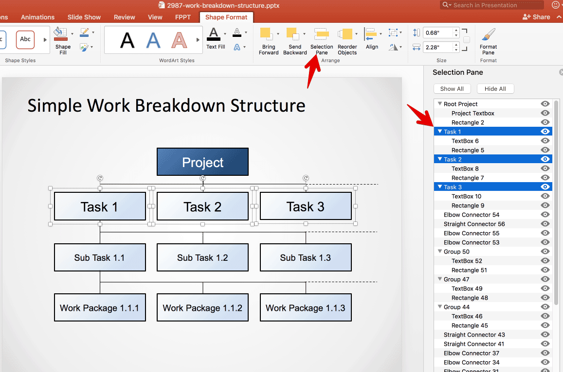 Organizing shapes in PowerPoint with the help of Selection Pane