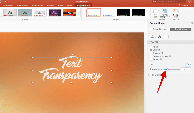 Apply transparency to text in PowerPoint