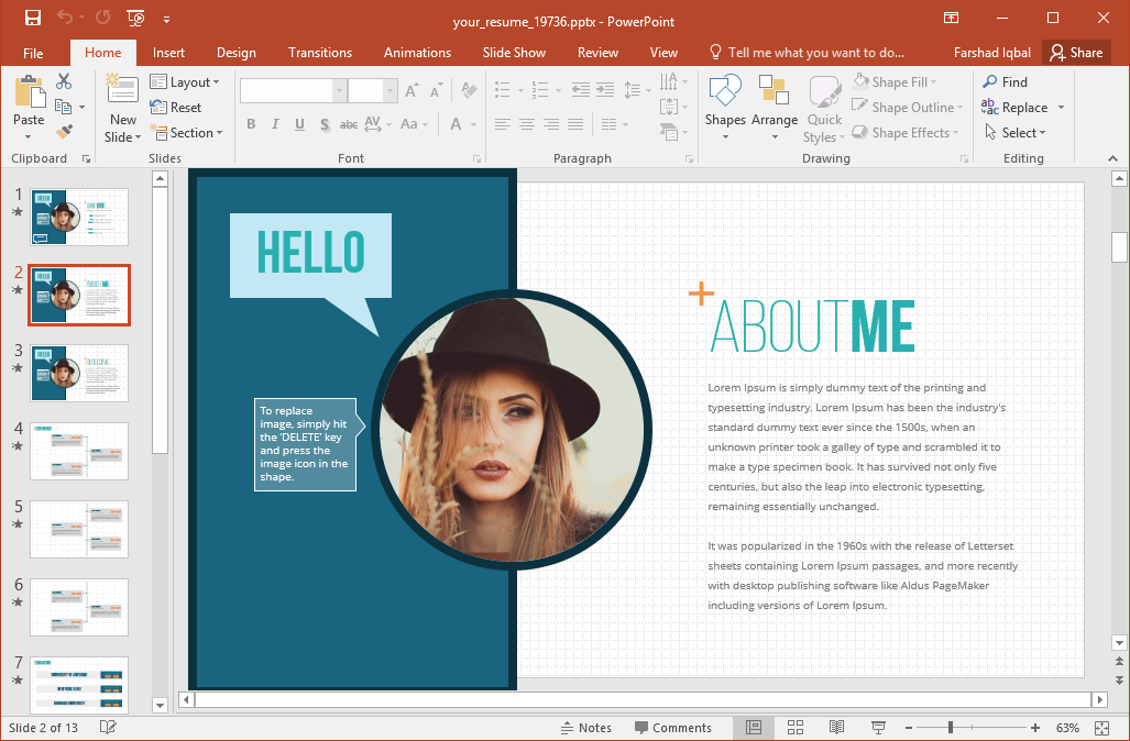 Present yourself in an interview using the About Me slide in a Resume Presentation template