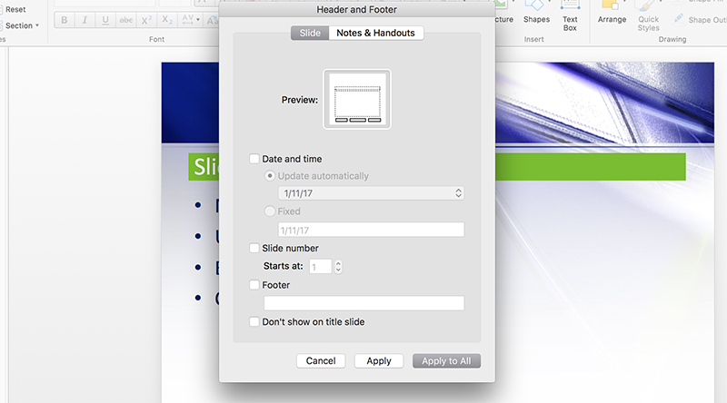 edit the footer in powerpoint for mac 2016
