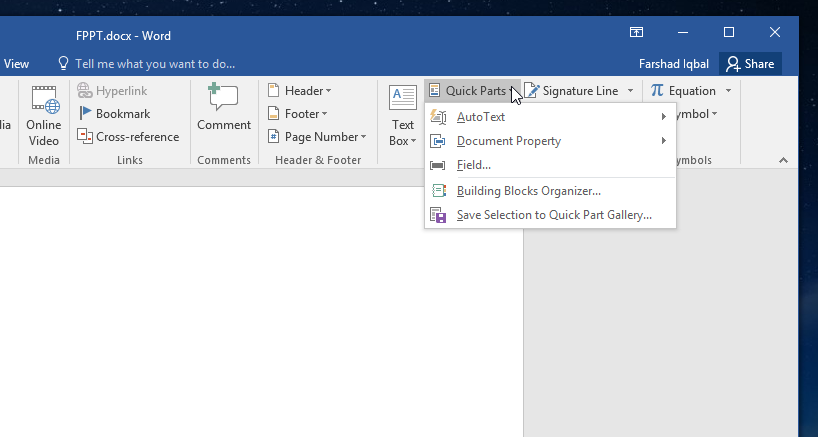 create a quick part in word 2016