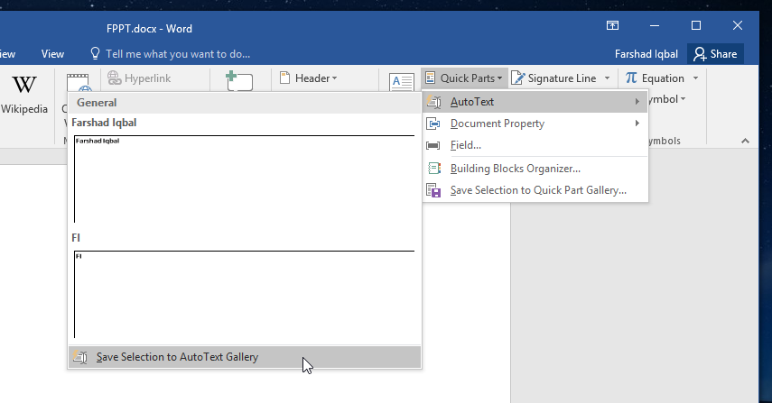 create a quick part in word