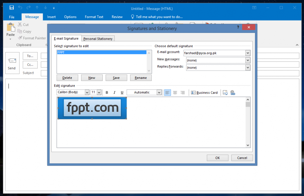 outlook 2016 insert table into signature