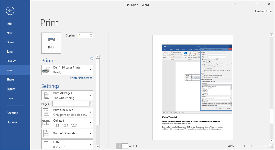 printer prints document properties word starter