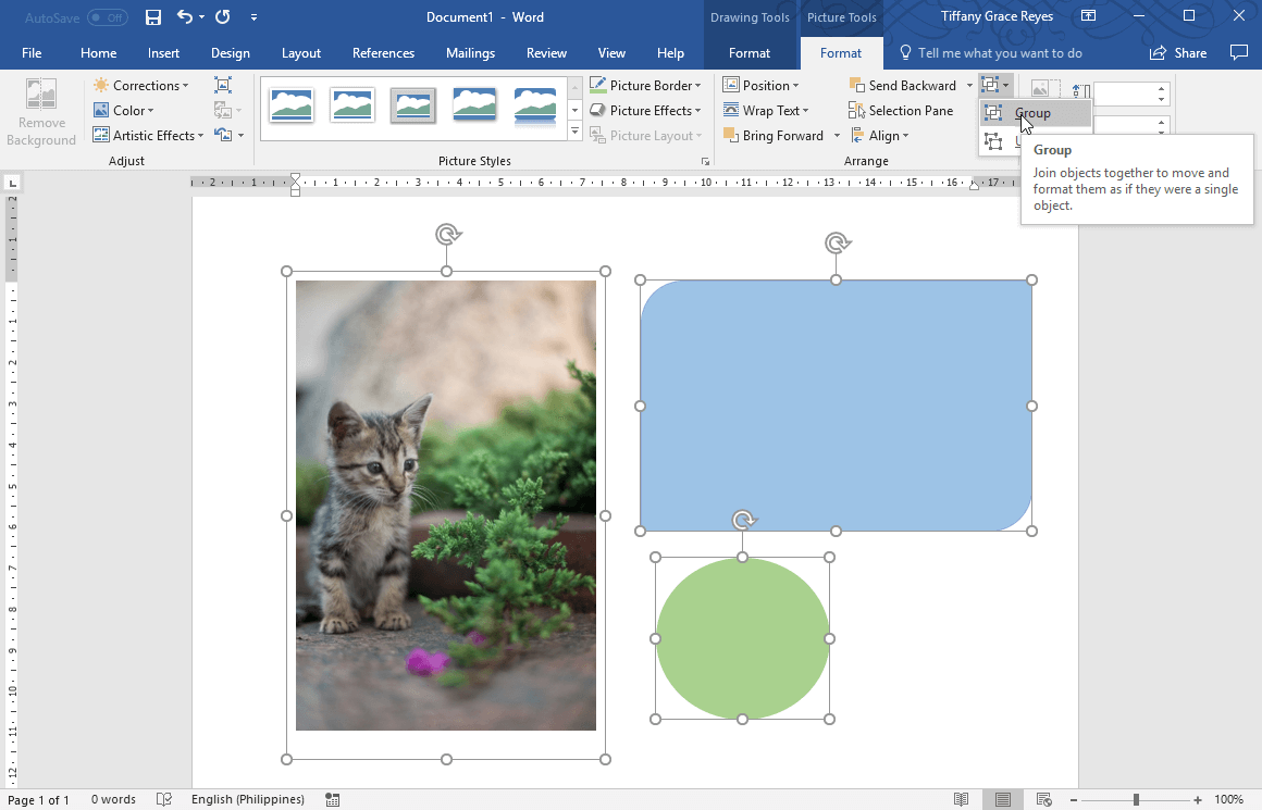 group objects using the group option under Picture Tools Format tab