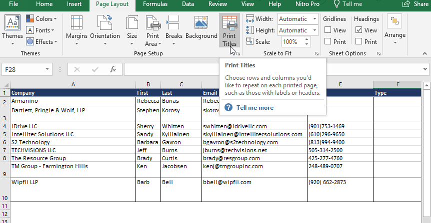 add print titles under page setup option