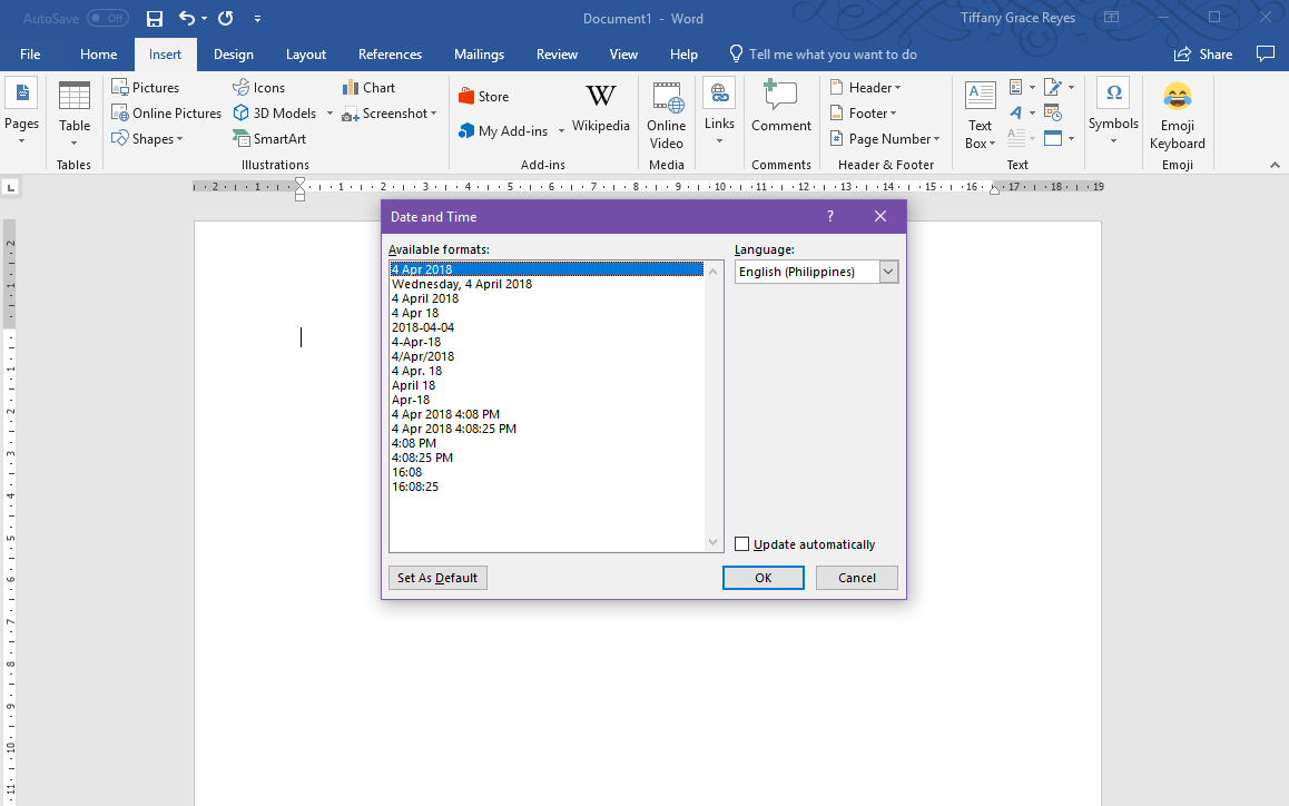 Create a Word Document with Self Updating Date Time Stamp