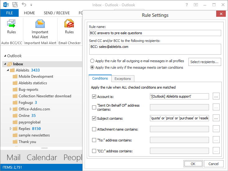 Auto CC and BCC in Outlook