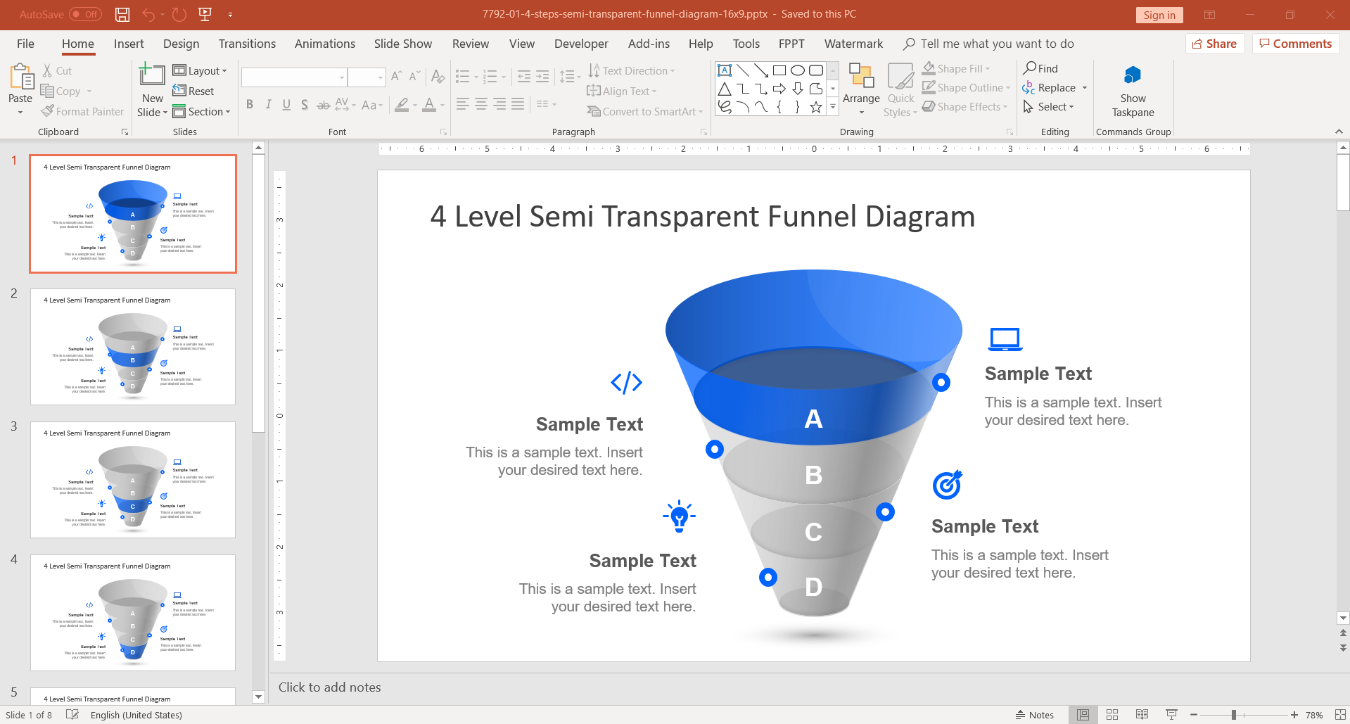 4 Level Funnel Diagram PowerPoint Template
