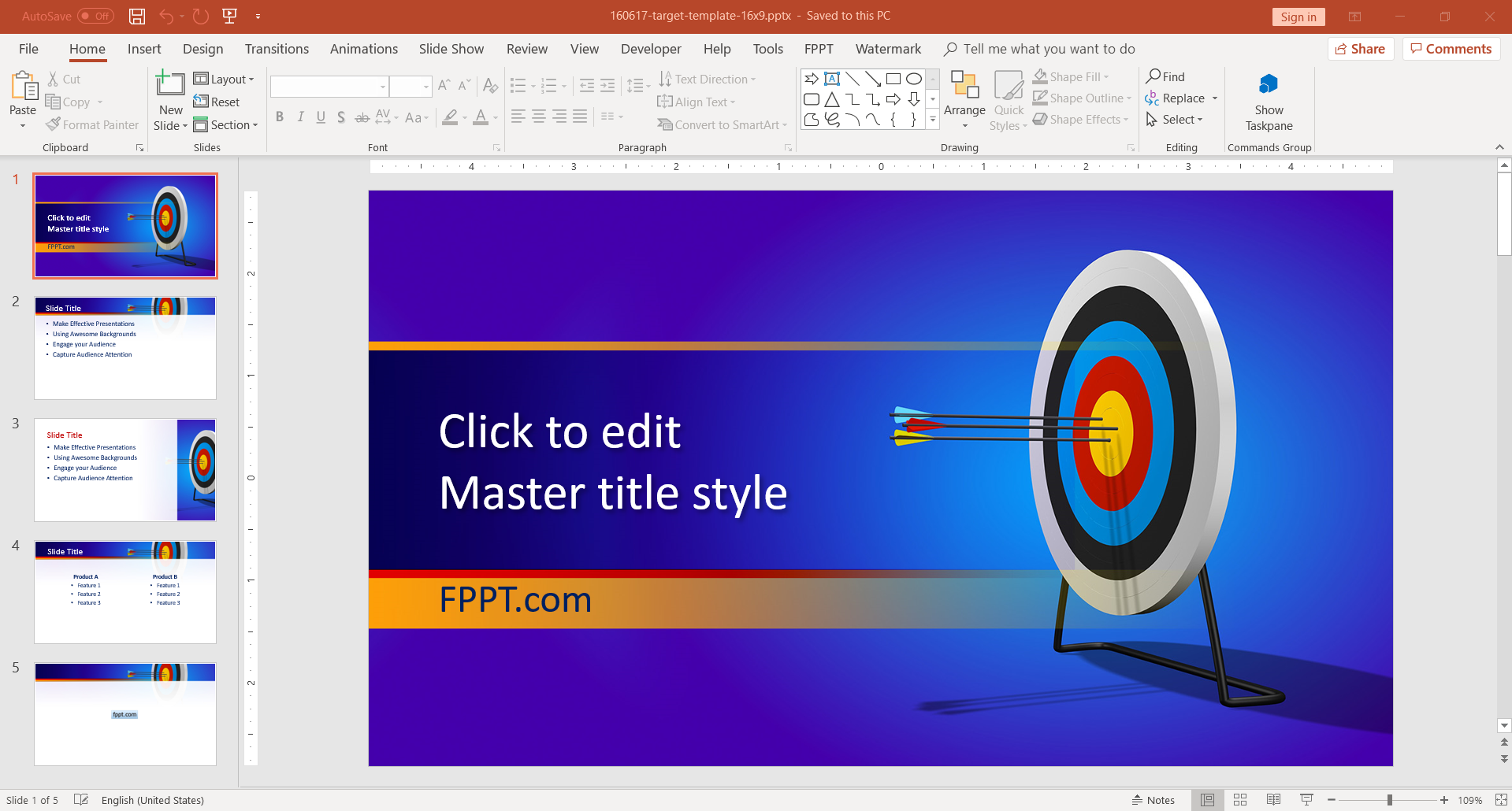 Target Diagram for PowerPoint presentations and Google Slides with a target slide design