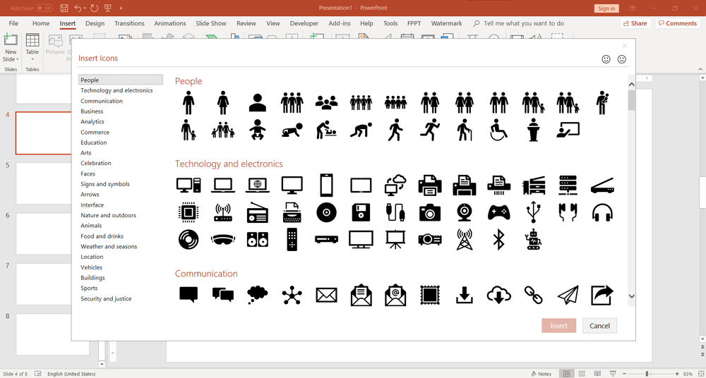 Insert icons in PowerPoint using the built-in PowerPoint icon interface