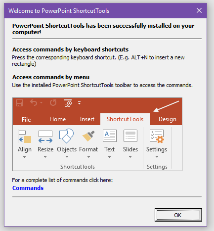 PowerPoint ShortcutTools Welcome Box