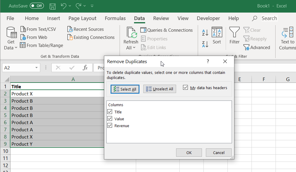 Remove Duplicates dialog box in Excel