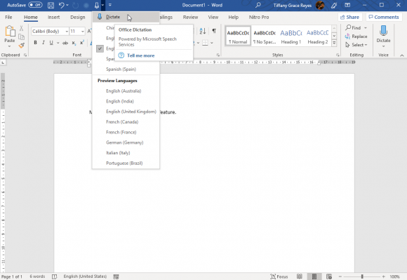 Microsoft Office Dictation Feature for Word