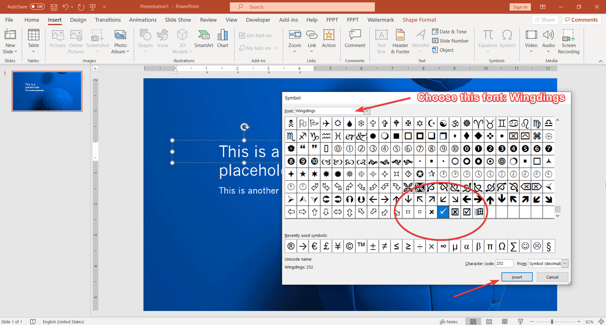 Learn how to insert a check mark symbol in a PowerPoint presentation using Character Map dialog
