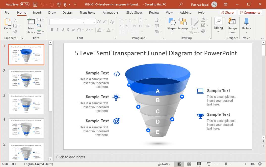 five level semi transparent funnel diagram for powerpoint