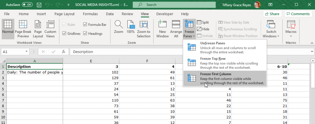 freeze first column in excel