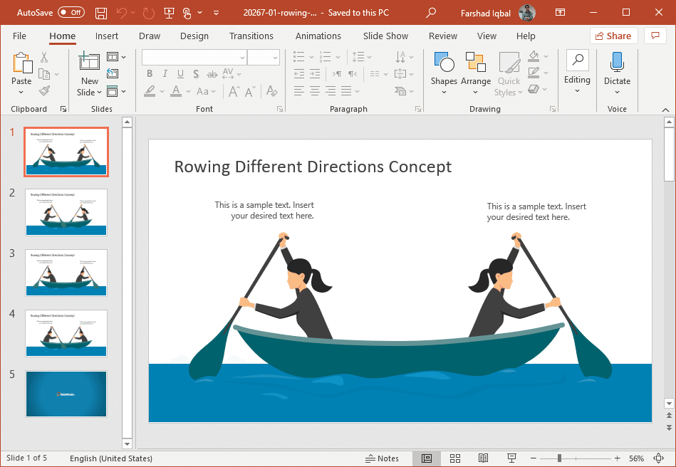 Rowing Illustration showing Opposite Directions Concept in a PowerPoint Presentation
