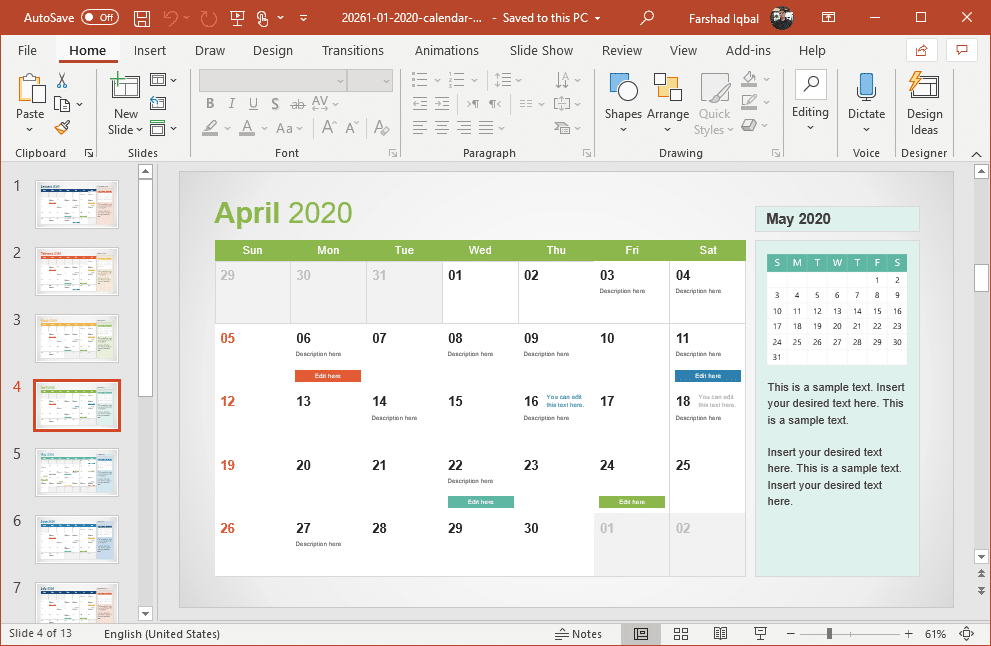 2020 calendar template for powerpoint