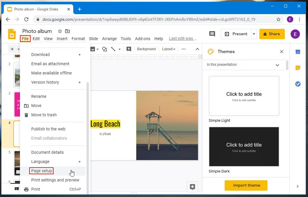 Page setup for google slides