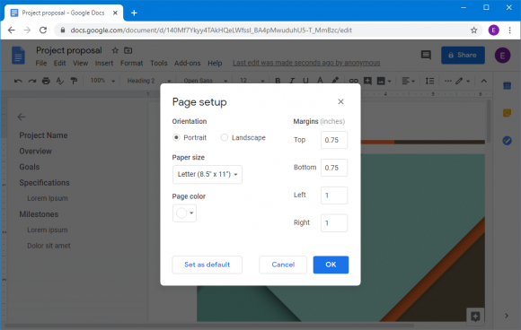 page steup options in google docs