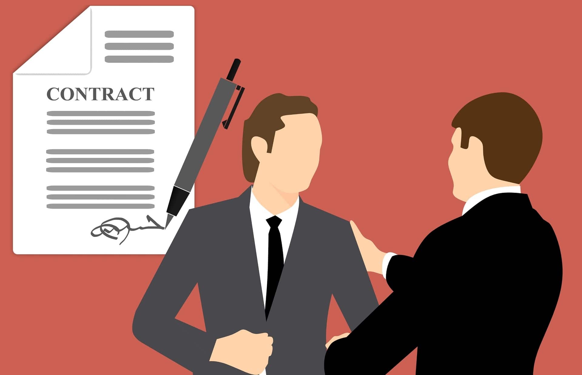 Illustration of two business men closing a deal and using a Contract as part of a strategic partnership