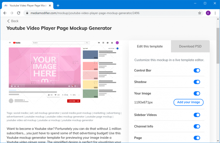 youtube video player page mockup generator template - FPPT