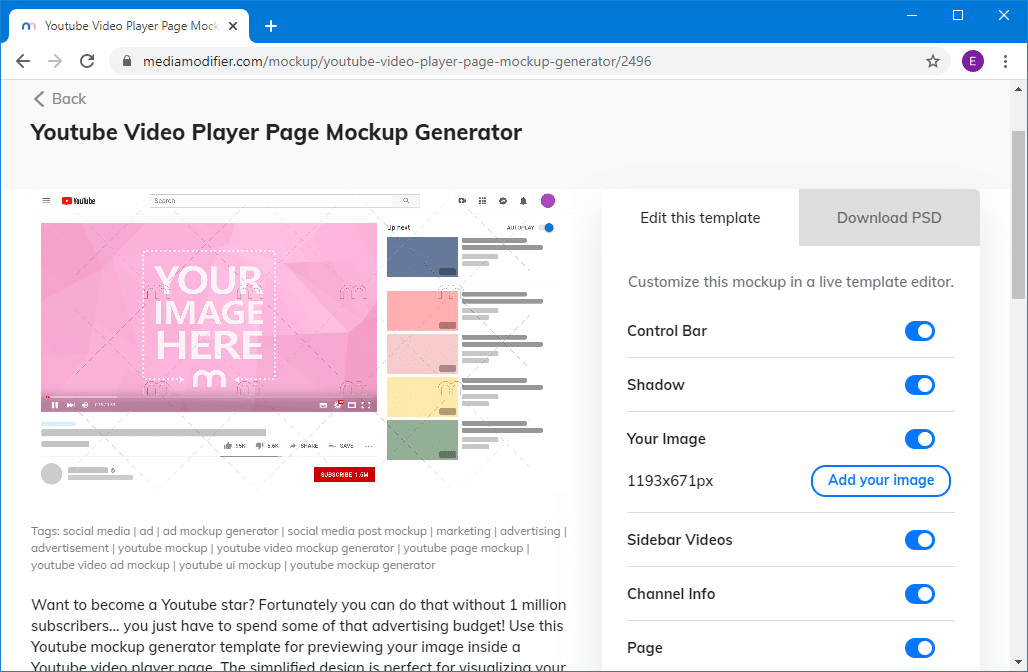 youtube video player page mockup generator template