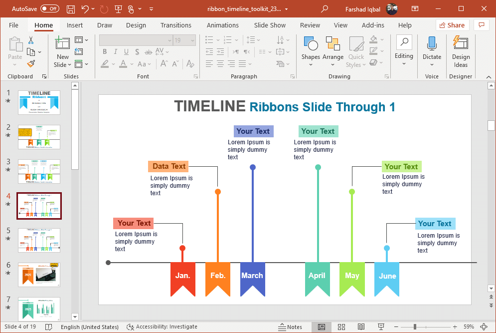 Example of ribbons timeline template for PowerPoint