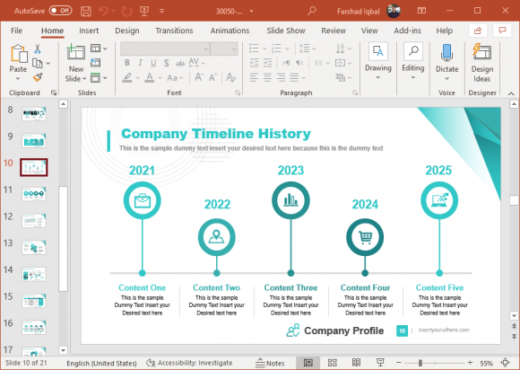 Company timeline for a project