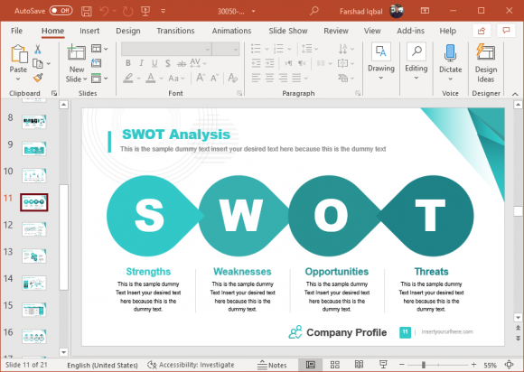 Create a SWOT analysis using customizable sample design