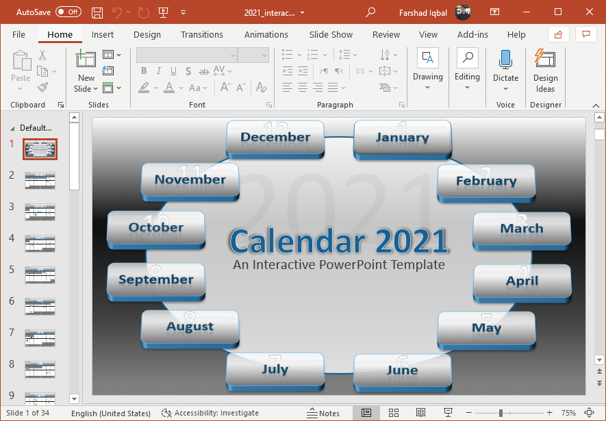Interactive 2021 calendar PowerPoint template