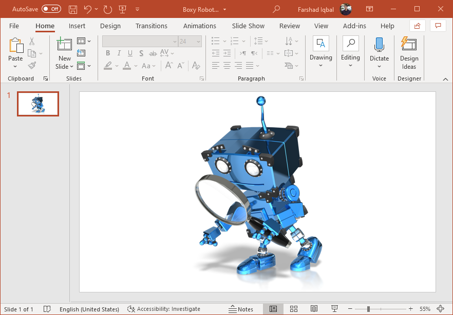 Boxy robot detective clipart for PowerPoint