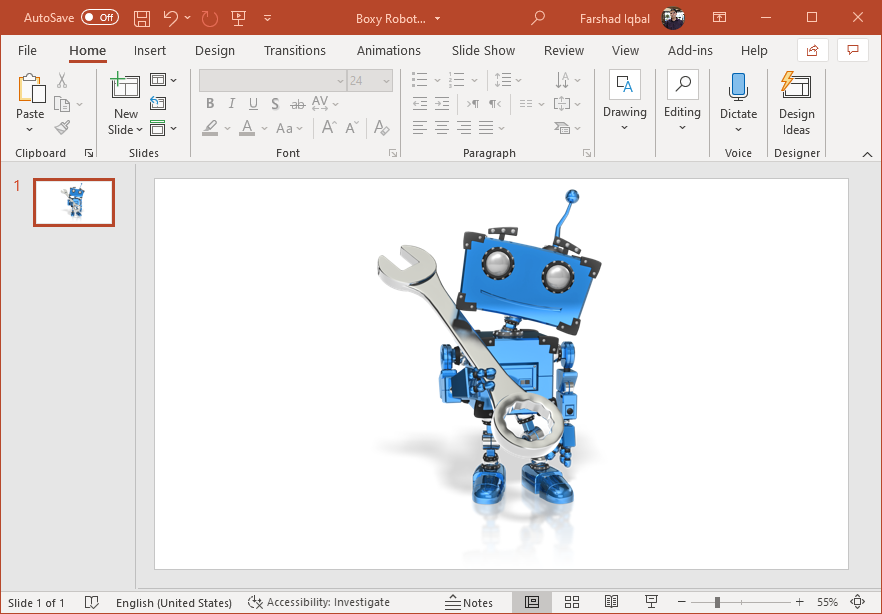 Boxy robot mechanic clipart for PowerPoint