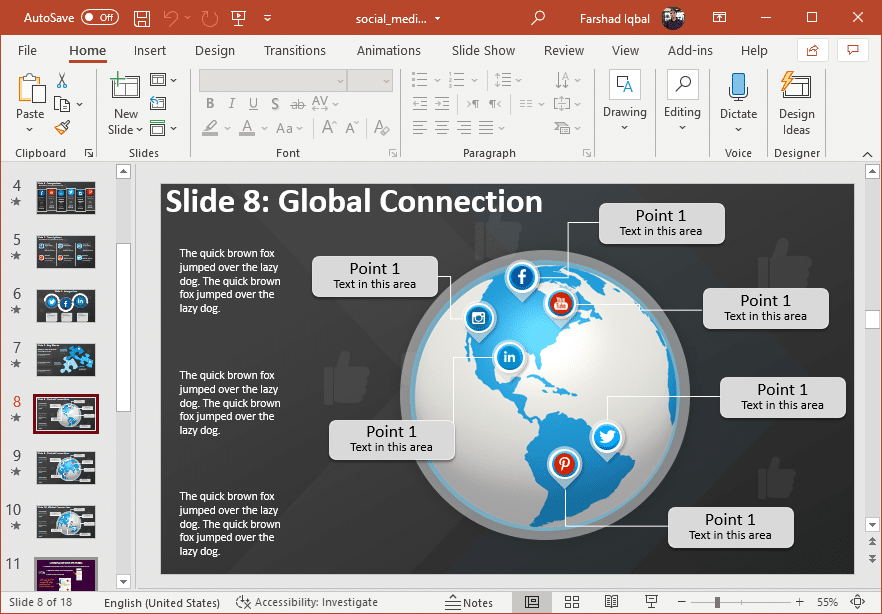 Example of Global Connection Slide design for Social Media Report PowerPoint presentations - Infographic slide