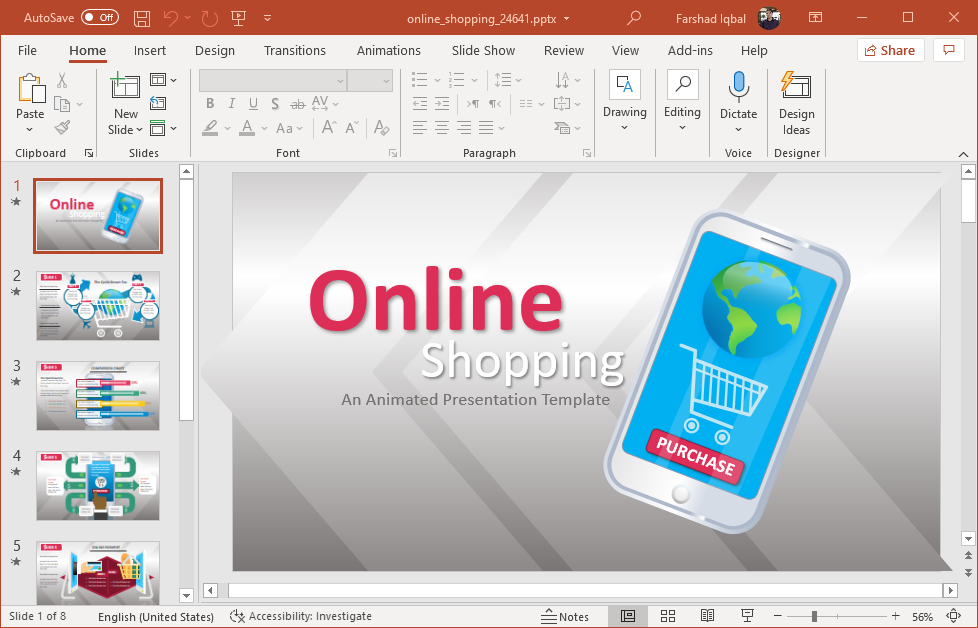 Animated mobile online shopping PowerPoint template