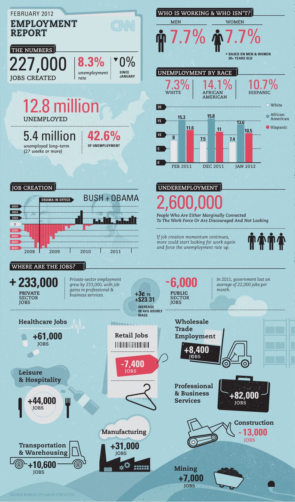 Example of a real Infographic design showing the Employment Report in Feburary 2012, who is working and who isn't, unemployment by race, etc.