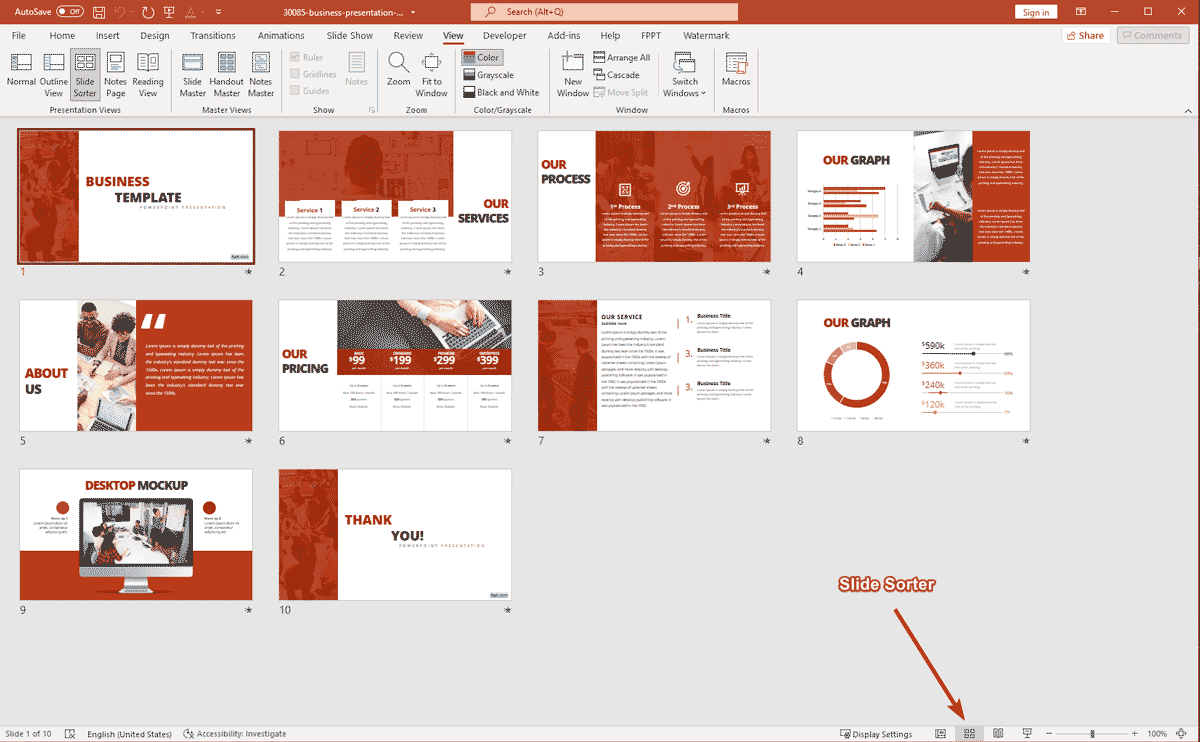 slide sorter view in powerpoint presentation