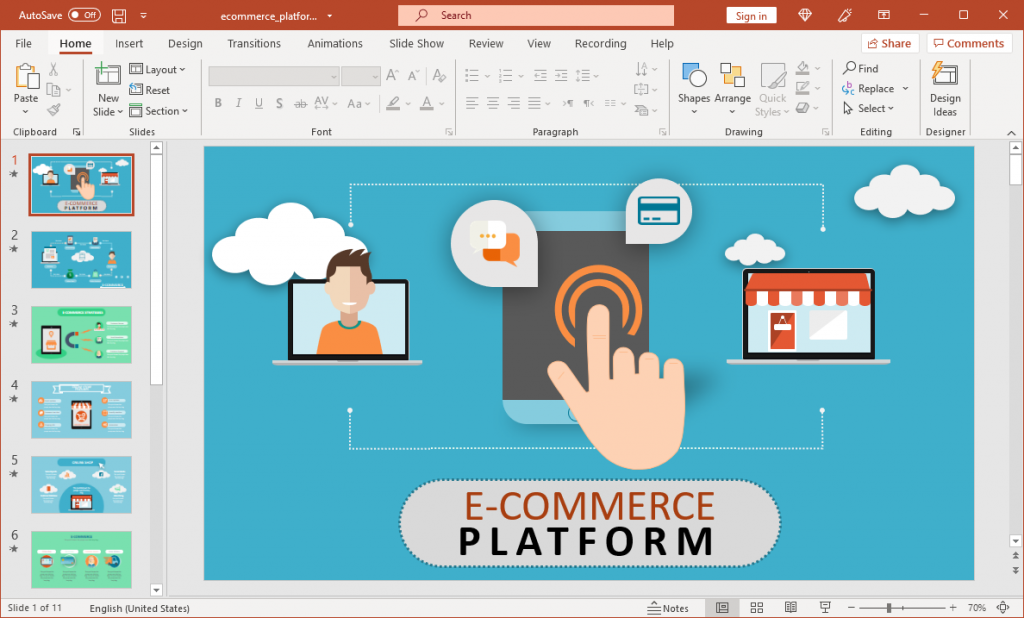 E-Commerce slide presentation template with a hand over a digital device