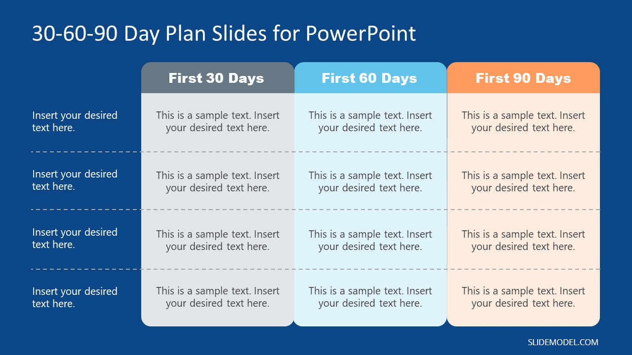 30 60 90 Day Plan Template for PowerPoint presentations, also compatible with Google Slides.