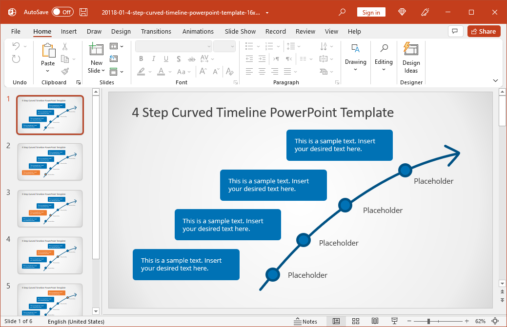 Curved Arrow Timeline Template for PowerPoint with 4-Year Milestones