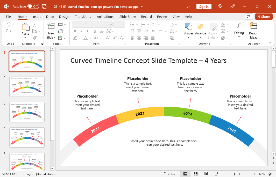 Curved timeline template for PowerPoint or Google Slides