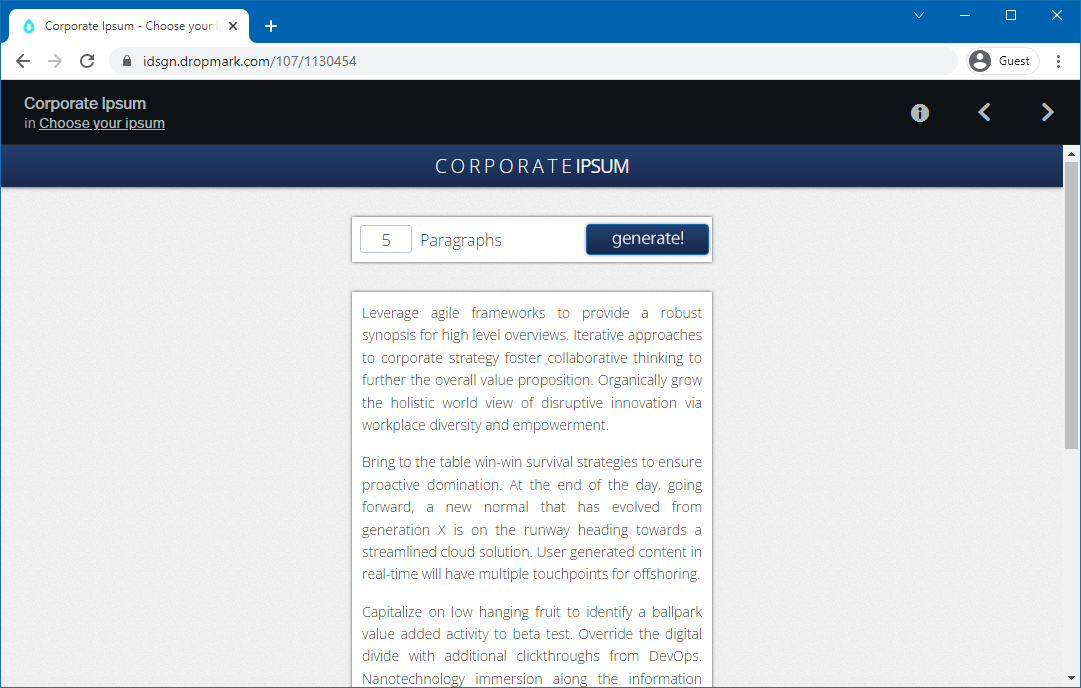 An example of Corporate Ipsum text generator with a specific number of paragraphs
