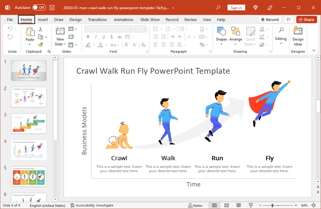 Example of Crawl walk run fly slide template for PowerPoint