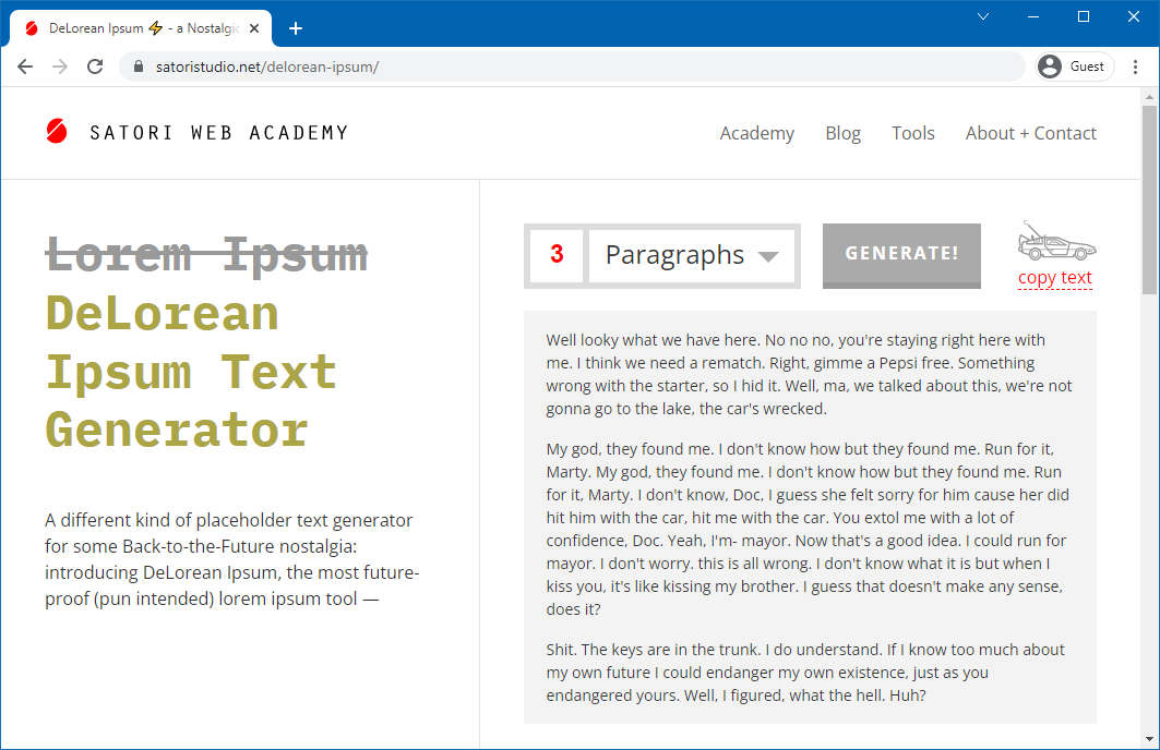 Example of DeLorean Ipsum Text Generator. An alternative to Lorem Ipsum that reminds us to Back to the Future and the DeLorean car.