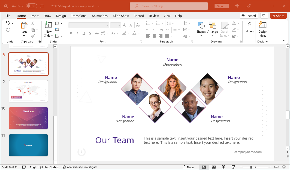 Our Team Slide template for PowerPoint with photo placeholders. Example of PowerPoint Intro Slide