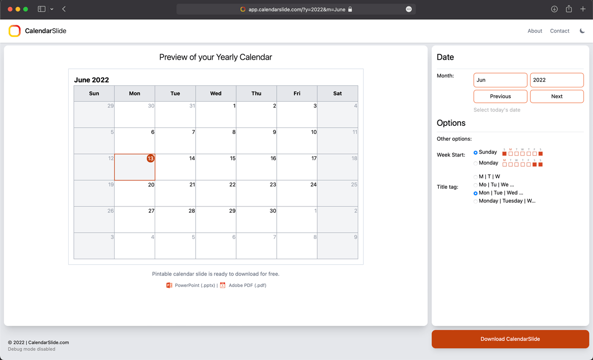 Example of Calendar design created in CalendarSlide Tool