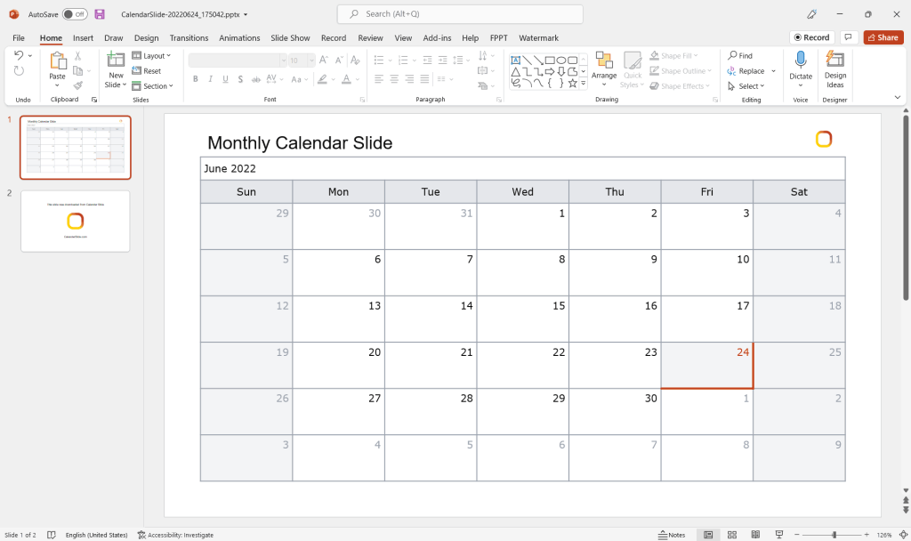 Example of custom PowerPoint calendar generated with CalendarSlide