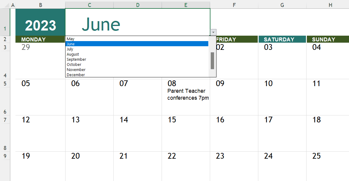 Calendar slide template generated in Excel.