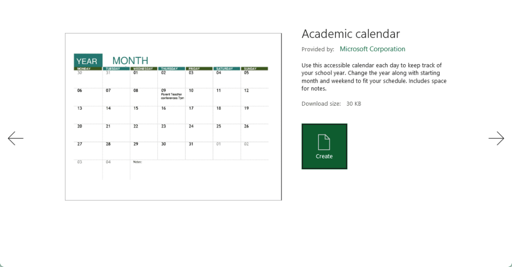 Example of Academic calendar template available in Excel